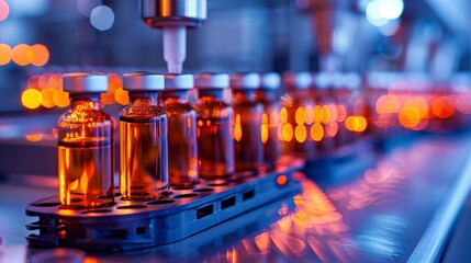 Pharmaceutical vials being filled with medication by precision equipment in an automated production line with vibrant lighting.