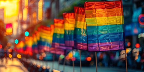 Pride Flags Fluttering on City Street.
Multiple pride flags waving along an urban street at dusk.