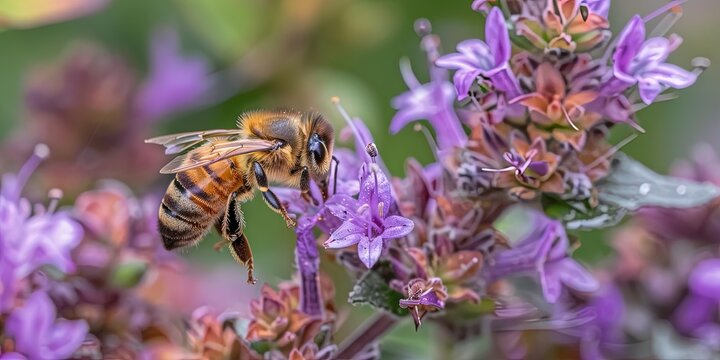Bumblebee with flowers pollinating nature while collecting pollen for honey. cross-pollination, nature