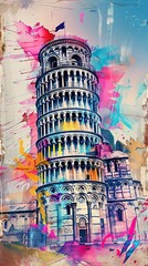 Leaning Tower of Pisa. World-famous landmark depicted in a graffiti art style  colorful wall art in a street art style