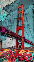 Golden Gate Bridge World-famous landmark depicted in a graffiti art style  colorful wall art in a street art style
