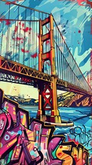 Golden Gate Bridge World-famous landmark depicted in a graffiti art style  colorful wall art in a street art style