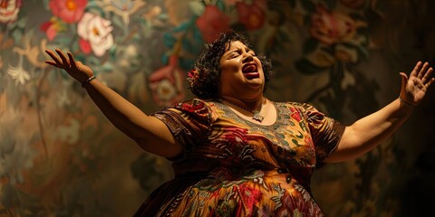 Fat lady singing - it's over as an overweight woman hits the stage to steal the spotlight and sing an amazing song - obrazy, fototapety, plakaty