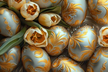 Hand painted Easter eggs with tulip flowers, as a holiday card, wallpaper, background