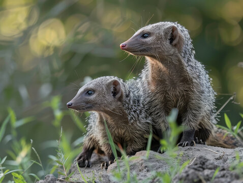 A pair of mongooses on the ground, attentively scanning their surroundings.