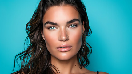 Fototapeta premium Portrait of a Young Woman With Striking Beauty Against a Blue Background