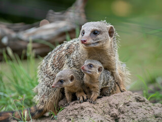 Three mongooses huddled together, exhibiting a strong family bond in the wild.