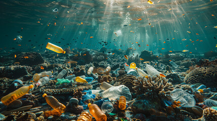Underwater view of a coral reef surrounded by discarded bottles and bags, waste in marine ecosystems - obrazy, fototapety, plakaty