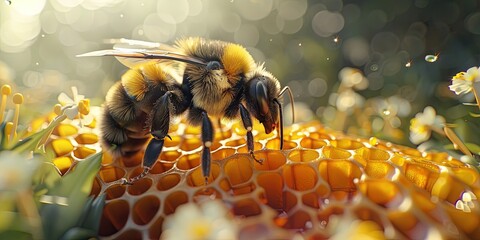 Bumblebee making honey with honeycombs - macro closeup with zoom lens nature - obrazy, fototapety, plakaty