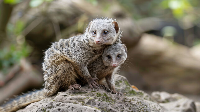 Mother mongoose taking care of its child, alert and watchful, against a natural backdrop
