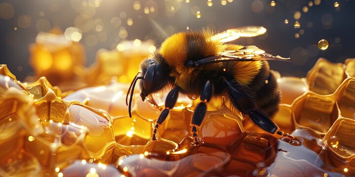 Fototapeta Bumblebee making honey with honeycombs - macro closeup with zoom lens nature