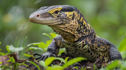 Close-up of a monitor lizard among green leaves, showcasing its detailed scales and alert eyes.