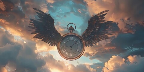 Time Flies - a clock with wings flying through the sky - obrazy, fototapety, plakaty