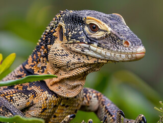Obraz premium Close-up of a monitor lizard among green leaves, showcasing its detailed scales and alert eyes.