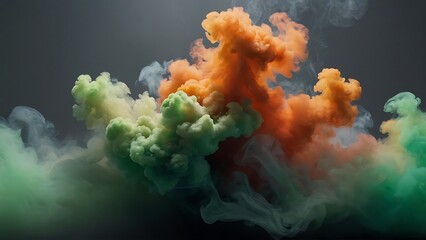 Green yellow and Orange smoke swirls on a black background, resembling abstract clouds in the sky