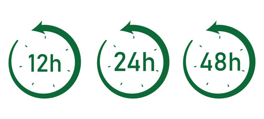 12, 24, 48  hours clock arrow. Vector work time effect or delivery service time icons with background.