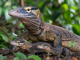 Two monitor lizards close together with their mother in their natural habitat, displaying intricate scale patterns.