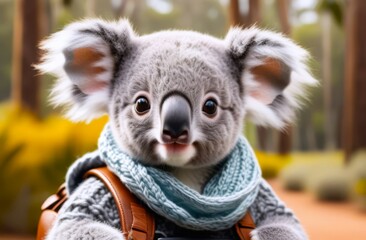 smiling animated koala wearing brown backpack, ready for adventure, travel, school, blurred forest in background. concepts: animal pupil, school, travel and adventure, back to school, koala wanderer.