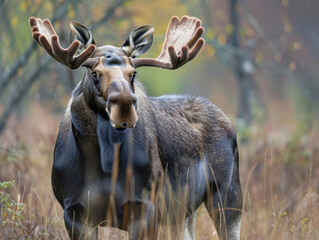 Naklejka na ściany i meble Majestic moose with velvet antlers stands in wild meadow.