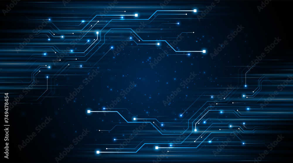 Aufkleber Blue glowing lines with glitter light effect on dark background. High speed internet technology concept or fast wireless data transmission. modern internet network connection technology background	