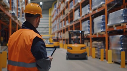 Focused worker in an orange vest and hard hat uses a digital tablet in a busy industrial warehouse setting. - obrazy, fototapety, plakaty