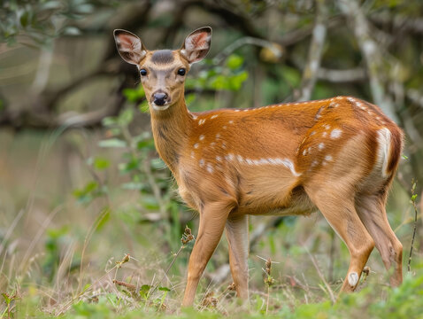 Alert muntjac doe in dappled sunlight amongst forest undergrowth.