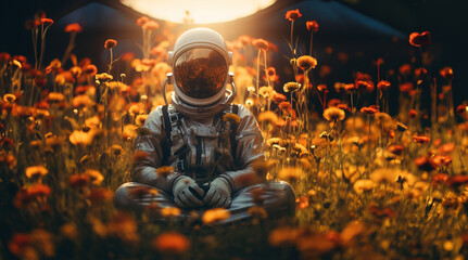 Astronaut Amidst Wildflowers, Earthly Contemplation created with Generative AI technology