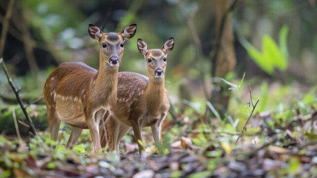 Two muntjac deers standing calmly in the forest.