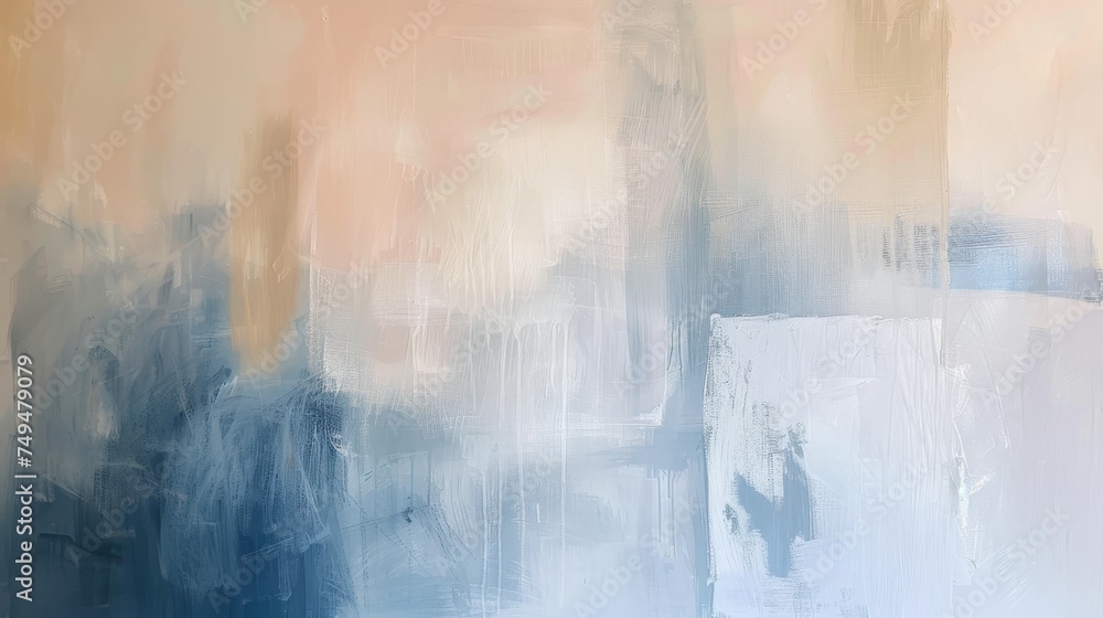 Poster An abstract painting blending cool blues with warm peach tones, creating a contemplative and harmonious visual texture.
