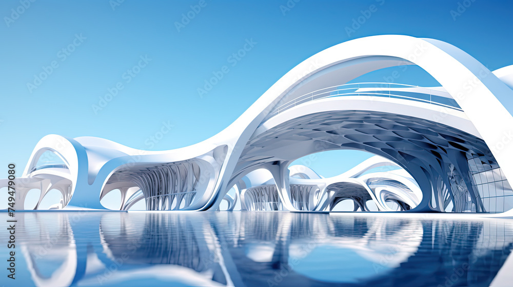 Poster Abstract architecture scene with smooth curves. Abstract background with futuristic building in white and blue colors.