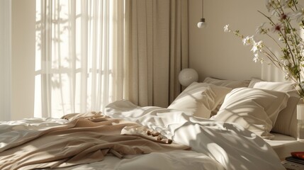 Fototapeta na wymiar Soft morning light filters through sheer curtains, casting a warm glow over an unmade bed in a contemporary bedroom.