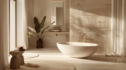 A minimalist bathroom design highlighted by an elegant freestanding bathtub, warm lighting, and natural decorative elements.
