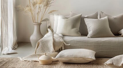 An inviting living space adorned with an array of textured pillows on a linen sofa, complemented by dried botanicals and soft, natural light.