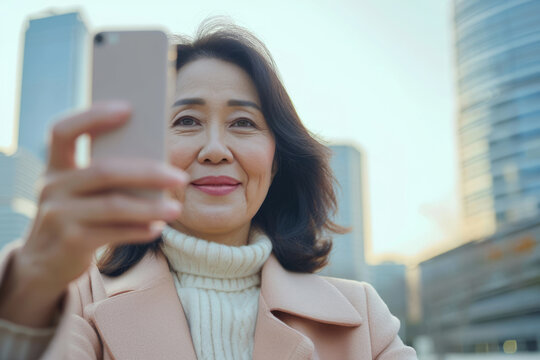 Beautiful Asian woman, middle aged female capturing selfie with her smartphone against city background outdoors