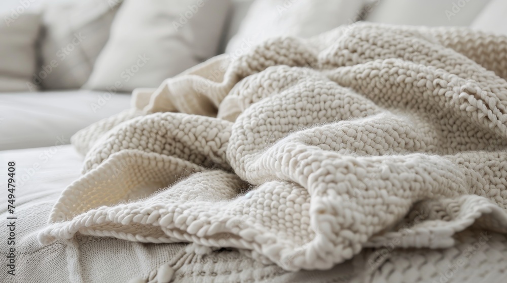 Poster close-up of a soft chunky knit blanket in a creamy white color adding a cozy and inviting touch to a