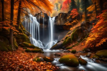 waterfall in autumn generated by AI technology - obrazy, fototapety, plakaty