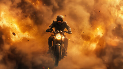 Action shot with man riding away from explosion on bike. Dynamic scene with fire in action movie blockbuster style.