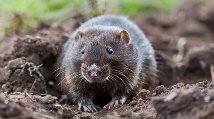 Inquisitive brown vole peering out with bright eyes and twitchy whiskers.