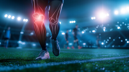 football player pain with injury at knee ankle during play football on competition match in stadium with team soccer, with red highlight with pain injury at transparent bone, sport medical concept