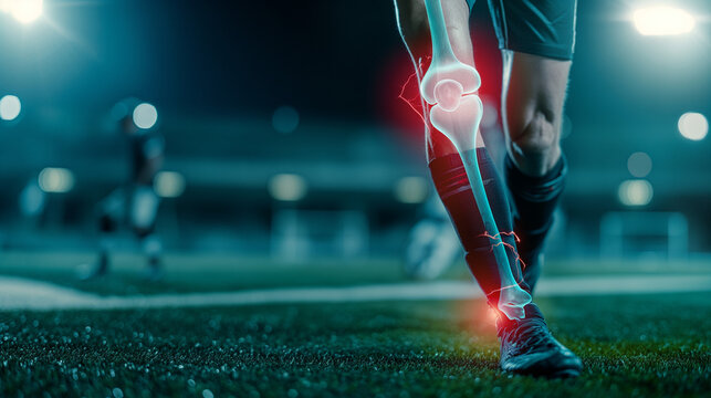 football player pain with injury at knee ankle during play football on competition match in stadium with team soccer, with red highlight with pain injury at transparent bone, sport medical concept