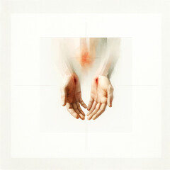 Sacred Scars: The Stigmata of Christ. Hands of a man with blood on a white background. Digital watercolor painting.