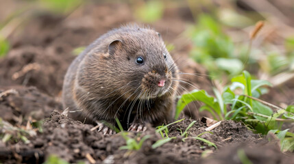 Naklejka na ściany i meble Lone vole with soft fur and keen eyes amidst grass and earth.