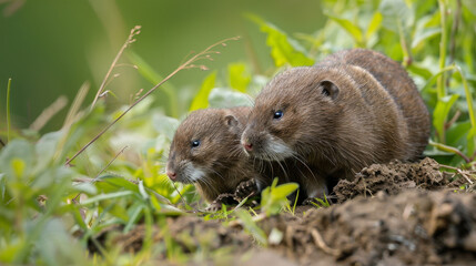 Naklejka na ściany i meble A pair of wet voles peek out from their burrow amidst lush grass.