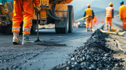 Road construction workers' teamwork, tarmac laying works at a road construction site, hot asphalt gravel leveled by workers, and road surface repair. - obrazy, fototapety, plakaty