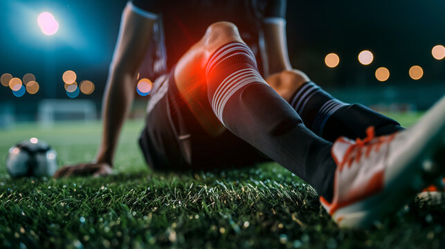football player pain with injury at knee ankle during play football on competition match in stadium with team soccer, with red highlight with pain injury at transparent bone, sport medical concept