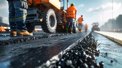 Road construction workers' teamwork, tarmac laying works at a road construction site, hot asphalt gravel leveled by workers, and road surface repair.