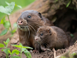 Two voles huddle close on the ground, surrounded by vibrant greenery.