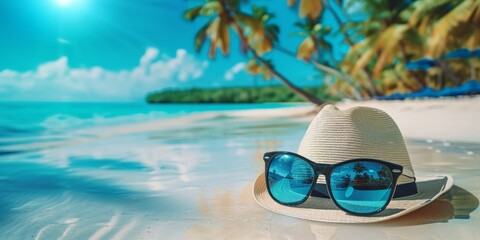 A straw hat and sunglasses rest on the beach, basking in the warm sun and gentle sea breeze. The serene scene exudes relaxation and tranquility. - obrazy, fototapety, plakaty