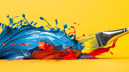 Brush with different colors of paint, strokes, splashes on a yellow background, close-up. Drawing pictures with paints. Fine art, painting and creativity concept