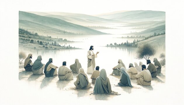 Jesus preaching in Galilee and gathering his disciples. Life of Jesus. Digital illustration. Watercolor style.